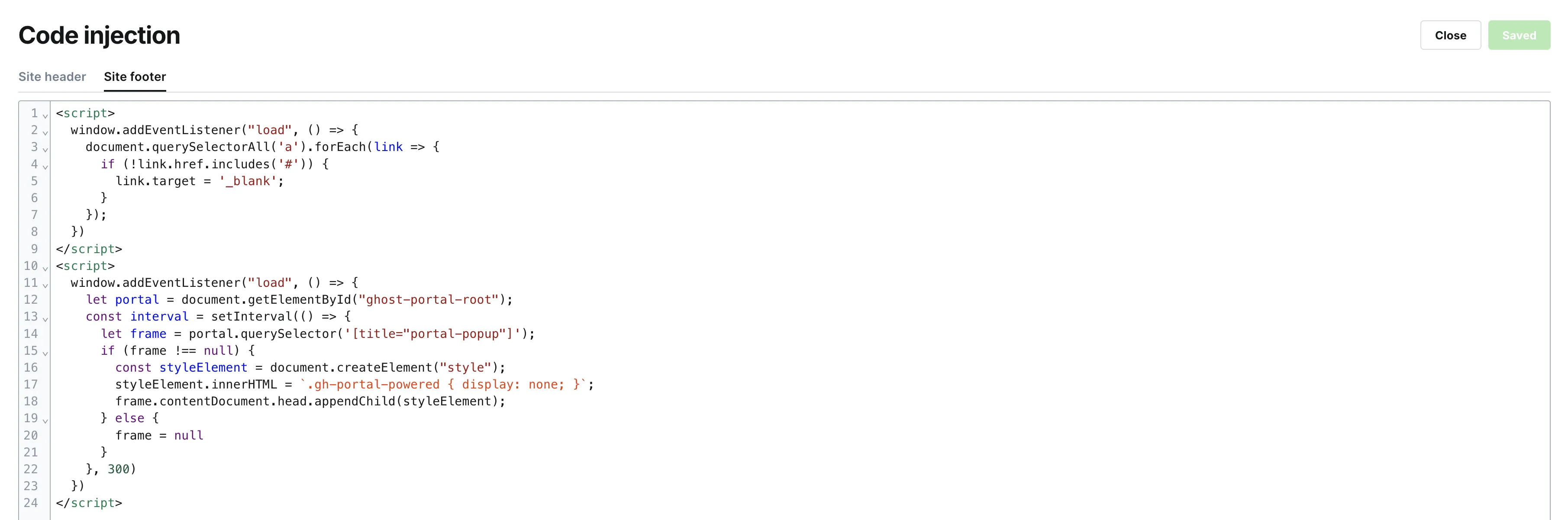 Code injection Site Footer JavaScript